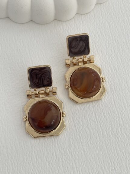 Özel Seri Kahverengi Kemik Detay Geometrik Tasarım Gold Küpe