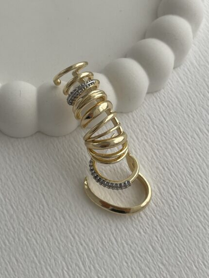 Özel Seri Zirkon Taşlı Kulağı Saran Ucu Geçmeli Gold Çoklu Earcuff Küpe