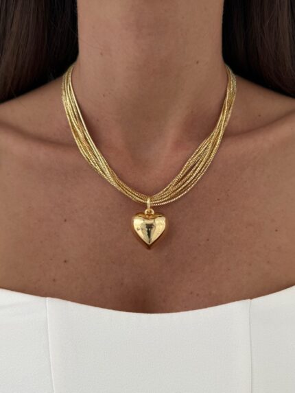 Özel Seri Gold Kalp Detay Çoklu Zincir Kolye