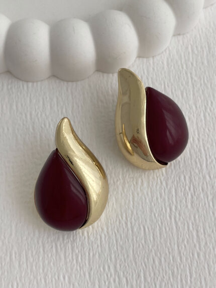 Özel Seri Damla Model Bordo Mineli Gold Küpe