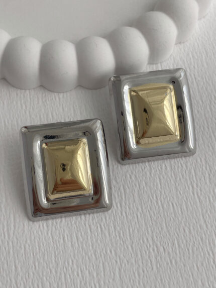 Özel Seri İç İçe Kare ZR Model Gold & Gümüş Küpe