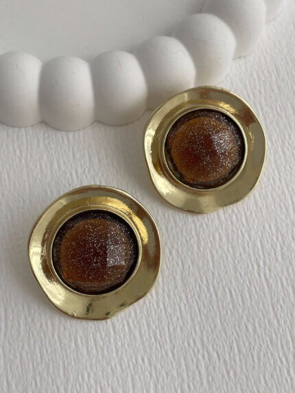 Özel Seri Disko Kahve Kemik İçi Simli Gold Küpe