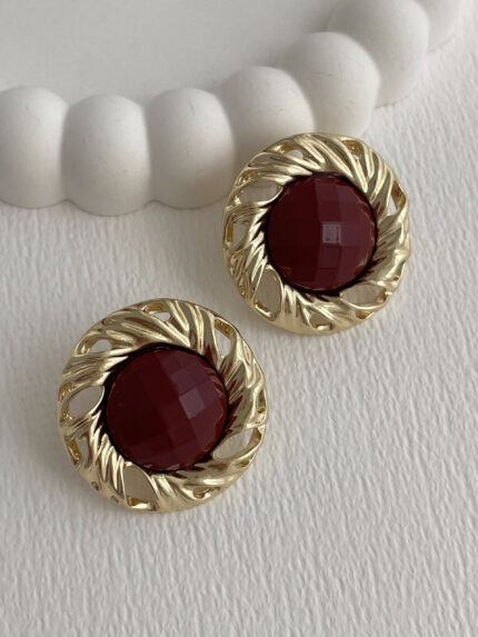 Özel Seri Burgu Model Disko Bordo Mineli Gold Küpe