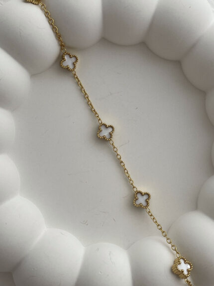 Özel Seri Sedef Mineli Beşli Mini Yonca Tasarım Gold Bileklik