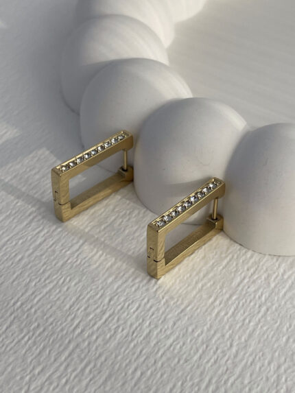 Çelik Zİrkon Taşlı Dikdörtgen Model Gold Küpe