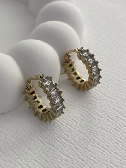 Çelik Zİrkon Taşlı Tırtıklı Halka Gold Küpe