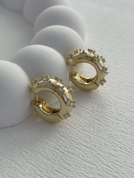 Özel Seri Zirkon Taşlı Mini Kalın Gold Halka Küpe