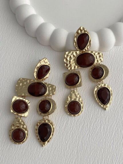 Özel Seri Sallantılı Geometrik Tasarım Kahverengi Mineli Gold Küpe