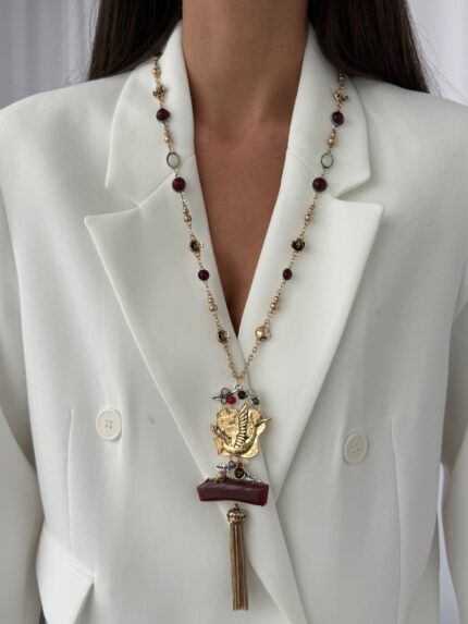 Özel Seri ZR Model Eskitme Renkli Taşlı Püskül Detay Kanat Tasarım Gold Kolye