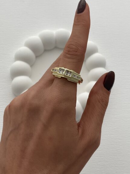 Özel Seri Geometrik Tasarım Baget Taşlı Ayarlanabilir Gold Yüzük