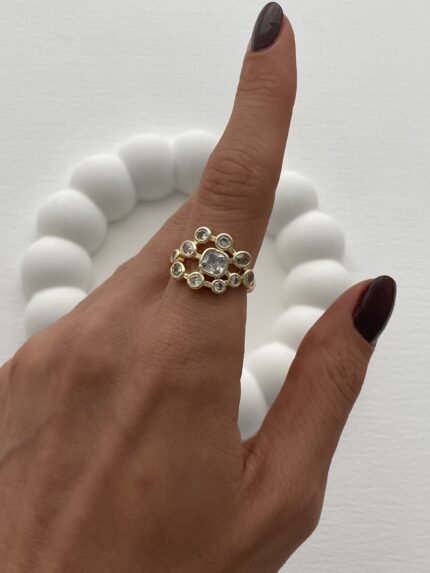 Özel Seri Zirkon Taş Yuvarlak Tasarım Ayarlanabilir Gold Yüzük