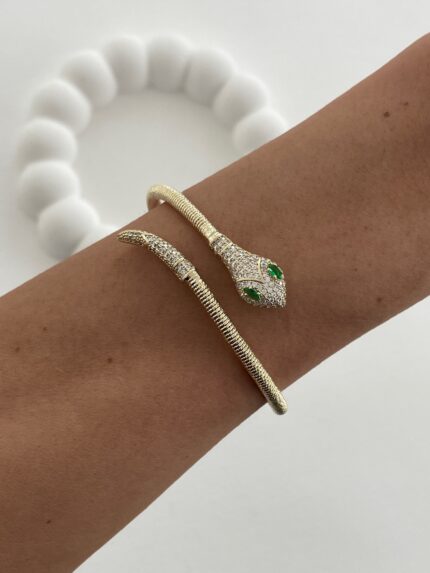Özel Seri Yeşil Zirkon Taşlı Yılan Tasarım Gold Bileklik