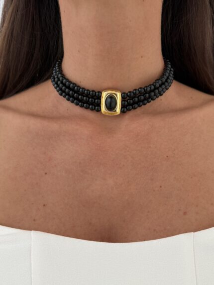 Özel Seri Vintage Tasarım Gold Detay Siyah İnci Choker Kolye