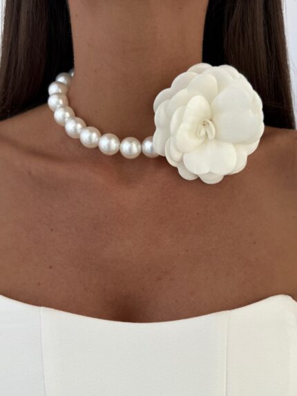 Özel Seri Beyaz Gül Tasarım İnci Choker Kolye 16mm