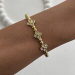 Çelik Zirkon Taşlı Yonca Model Gold Bileklik