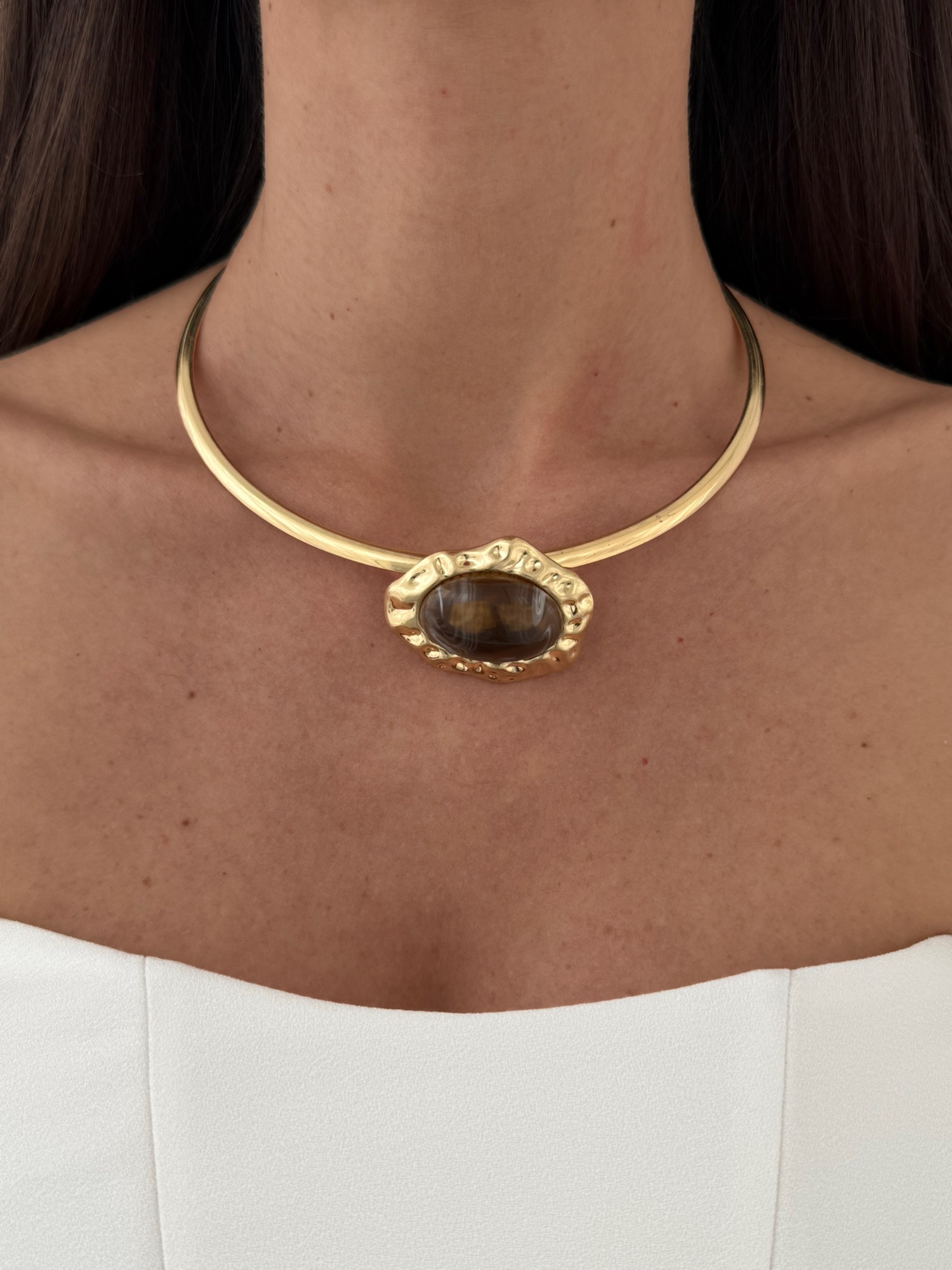 img_6612-3 Özel Seri Oval Desenli Tasarım Kahverengi Mineli Gold Choker