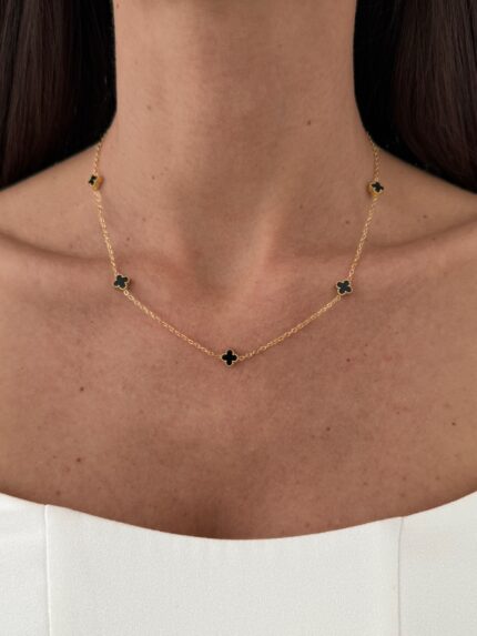 Özel Seri Siyah Mineli Beşli Mini Yonca Tasarım Gold Kolye