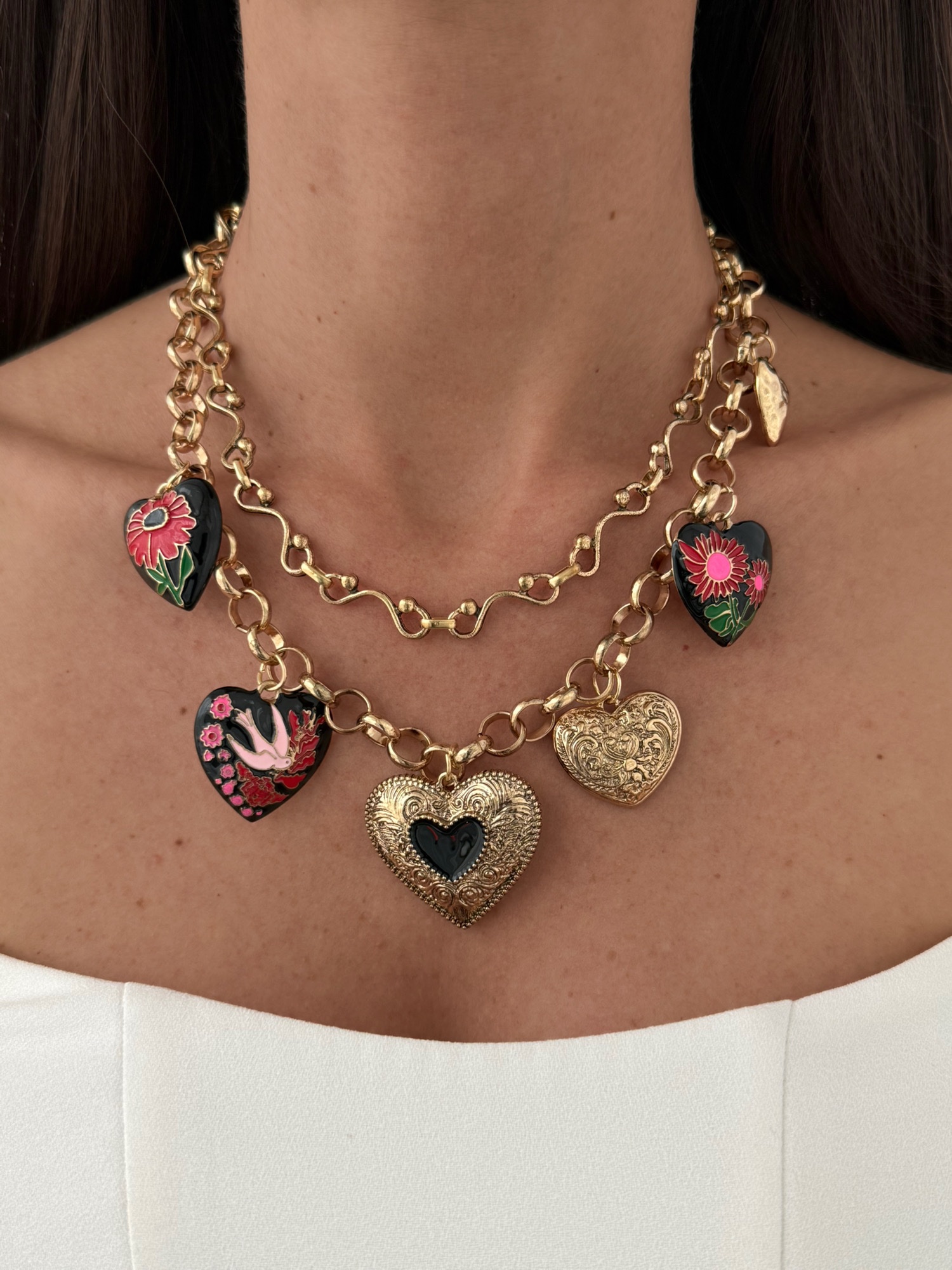 img_6981-3 Özel Seri ZR Model Çoklu Kalp Charm Detay İkili Gold Kolye