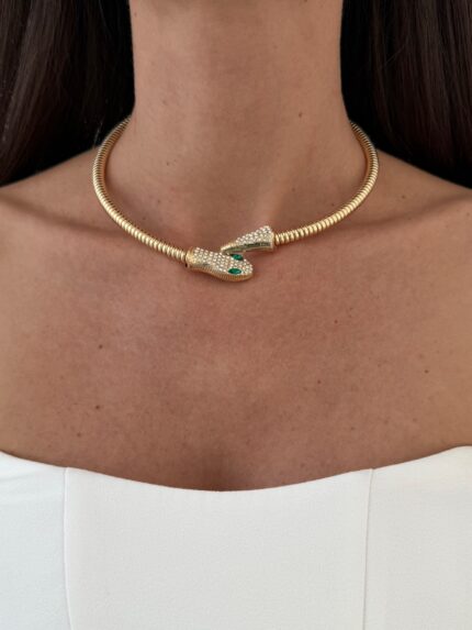 Özel Seri Zirkon Taşlı Yılan Tasarım Gold Choker Kolye