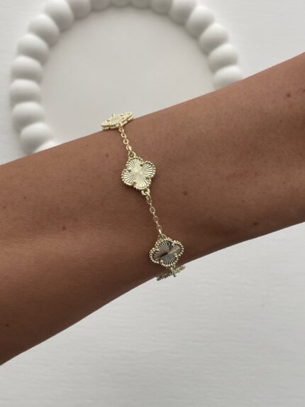 Özel Seri Marka Model Beşli Yonca Tasarım Gold Bileklik