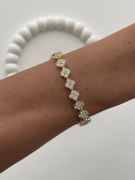 Özel Seri Marka Model Yonca Tasarım Zirkon Taşlı Gold Bileklik (Orta)