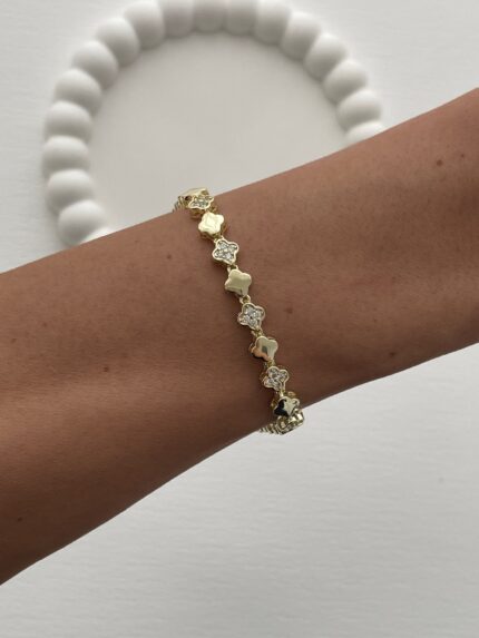 Özel Seri Marka Model Yonca Tasarım Zirkon Taşlı Gold Bileklik