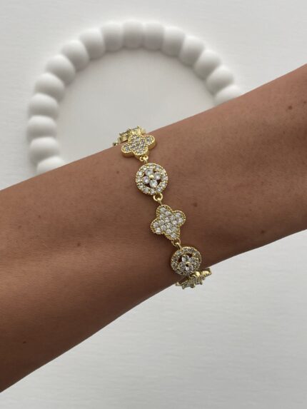 Özel Seri Marka Model Yonca Tasarım Zirkon Taşlı Gold Bileklik