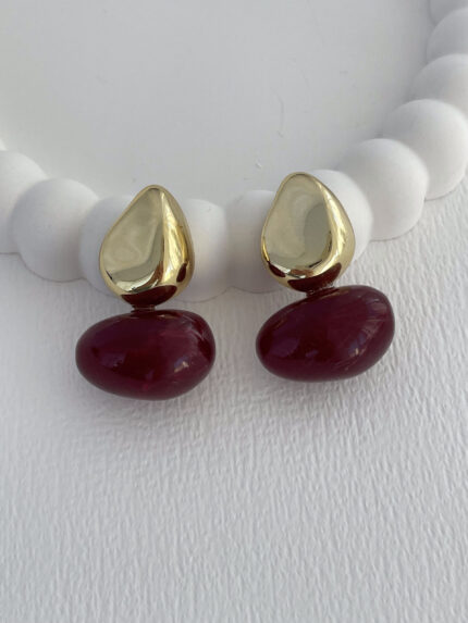 Özel Seri Bordo Akrilik Taş Detay İkili Gold Küpe