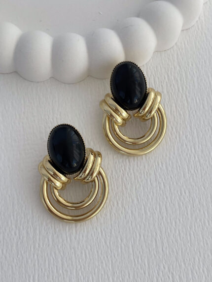 Özel Seri Siyah Mineli İç İçe Halka Tasarım Gold Küpe