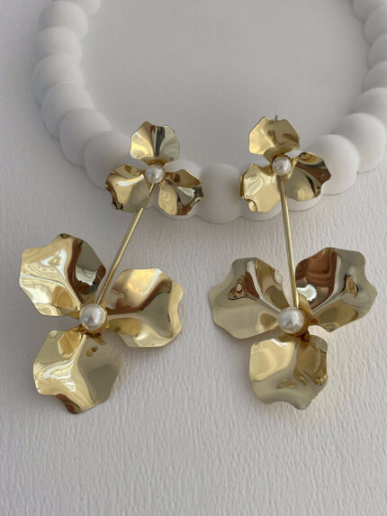 Özel Seri Maksi Boy İkili Çiçek Tasarım İnci Detay Gold Küpe