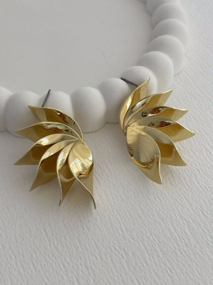 Özel Seri Katmanlı Yaprak Tasarım Gold Küpe