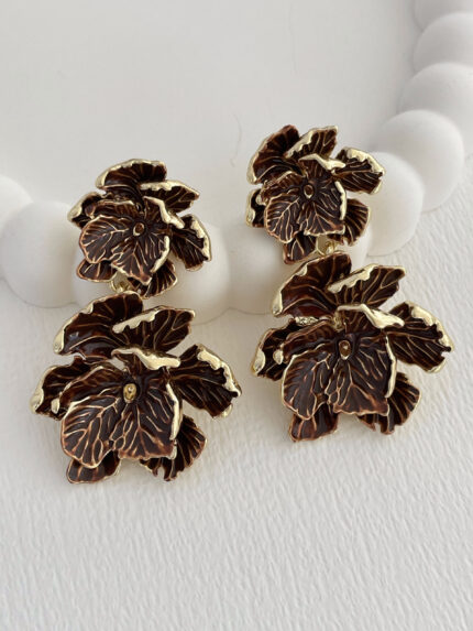 Özel Seri Kahverengi İkili Çiçek Tasarım Gold Küpe