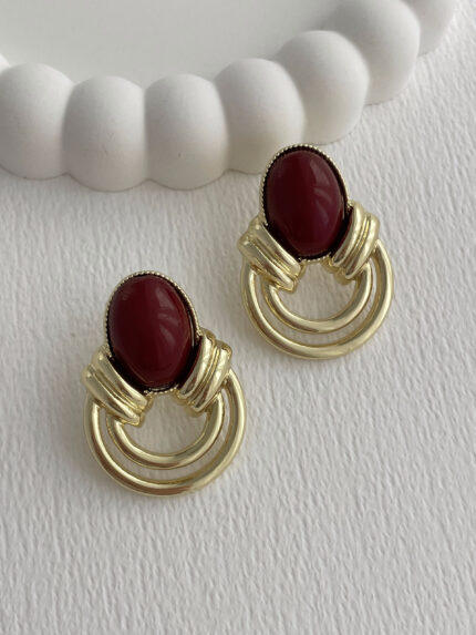 Özel Seri Halka Tasarım Bordo Mineli Oval Gold Küpe