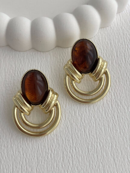 Özel Seri Halka Tasarım Kahverengi Mineli Oval Gold Küpe