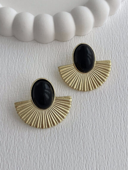 Özel Seri Siyah Mineli Yelpaze Tasarım Gold Küpe