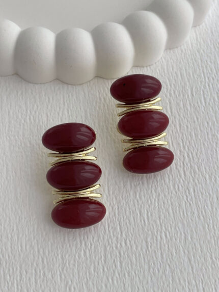 Özel Seri Bordo Mineli Üçlü Oval Taş Tasarım Gold Küpe