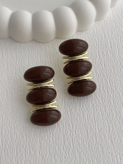 Özel Seri Kahverengi Mineli Oval Taş Tasarım Gold Küpe