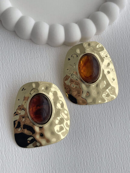 Özel Seri Kahverengi Mineli Desenli Geometrik Tasarım Maksi Boy Gold Küpe