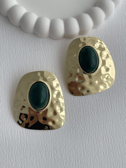 Özel Seri Yeşil Mineli  Desenli Geometrik Tasarım Maksi Boy Gold Küpe