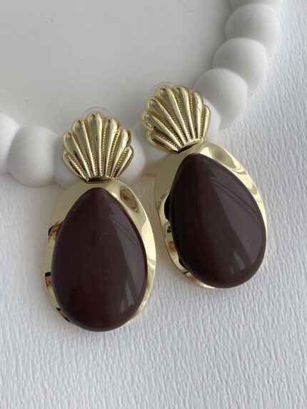 Özel Seri Kahverengi Mineli Deniz Kabuğu Detay Gold Küpe