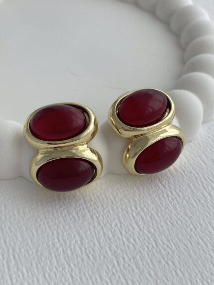 Özel Seri Bordo Kemik Detay İkili Oval Tasarım Gold Küpe