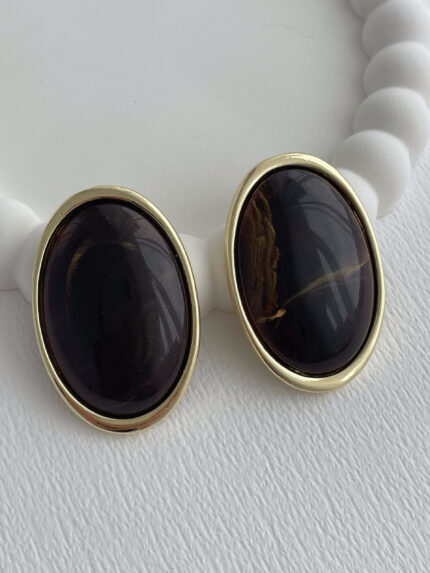 Özel Seri Siyah Mineli Yuvarlak Tasarım Gold Küpe