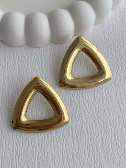 Çelik Üçgen Tasarım Ortası Boş Gold Küpe