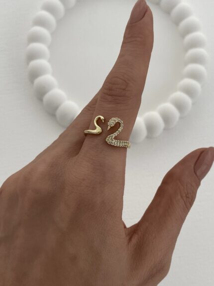 Özel Seri Zirkon Taşlı Kuğu Tasarım Ayarlanabilir Gold Yüzük