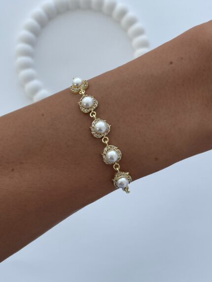 Özel Seri Zirkon Taşlı Sıralı İnci Tasarım Gold Asansörlü Bileklik