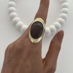 Özel Seri Kahverengi Mineli Oval Tasarım Gold Yüzük 18mm