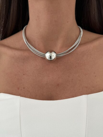 Özel Seri Tel Tasarım Top Detay Gümüş Choker Kolye