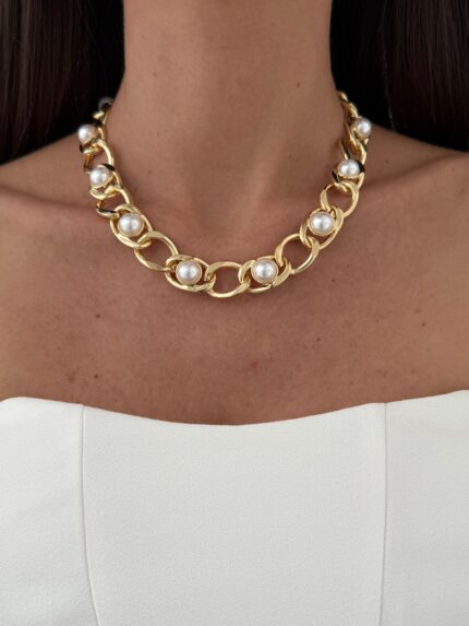 Özel Seri Zincir Tasarım İnci Detay Gold Kolye