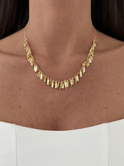 Özel Seri Yaprak Tasarım Saçak Gold Kolye