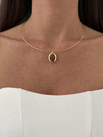 Özel Seri Kahverengi Mineli Oval Tasarım Gold Choker Kolye